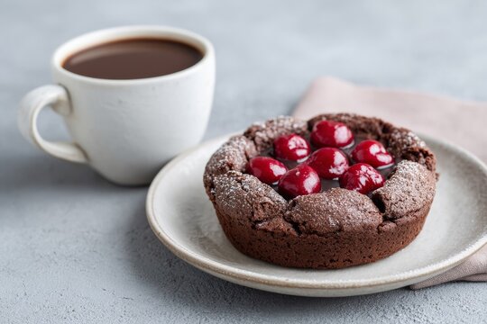 Indulgent cherry-topped chocolate cake, whispers of winter fete and Hygges cozy embrace, paired with steaming elixir of morning