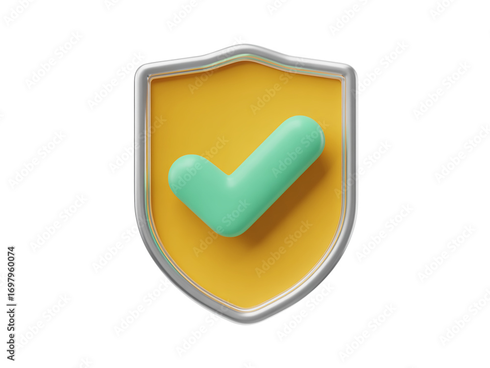 Fototapete 3d rendering of a yellow shield with a green checkmark symbol representing security and approval tra