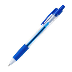 Close up photograph of a blue ballpoint pen with a clear plastic body on transparent background