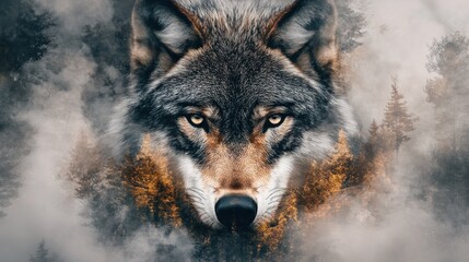 Obraz premium Wolf's head in misty forest