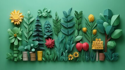 Colorful paper garden with trees flowers apples and beehive crafted from folded paper vibrant scene representing nature creativity handmade art plants leaves and sunshine