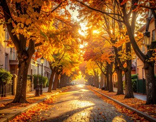 Charming cobblestone street lined with golden autumn trees glowing in warm sunlight, creating a peaceful and picturesque fall atmosphere.