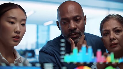 Diverse colleagues closely examine a projected data chart. - Powered by Adobe