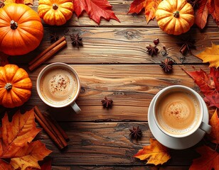 Autumn flat lay with a cup of latte art, pumpkins, cinnamon sticks, and colorful fall leaves on rustic wooden table. Cozy seasonal composition for autumn, coffee, and holiday themes.