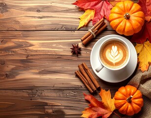 Autumn flat lay with a cup of latte art, pumpkins, cinnamon sticks, and colorful fall leaves on rustic wooden table. Cozy seasonal composition for autumn, coffee, and holiday themes.