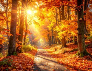 Scenic autumn forest with golden sunlight shining through colorful fall leaves, creating a warm and peaceful seasonal landscape. Perfect for nature, travel, and seasonal themes.
