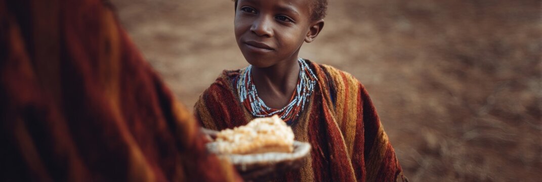 A young African boy in vibrant beaded attire receives cornbread, capturing Ubuntu spirit and World Food Day ambiance