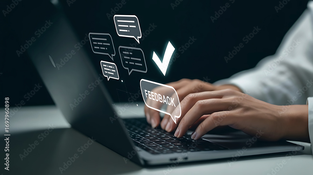 Poster close up of person typing on laptop with digital survey icons and checkmark appearing above screen