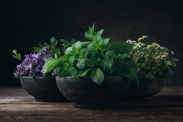 Potted herbs bask in twilight mystery, echoing Beltane's renewal and cozy hygge vibes with verdant whispers of mint and thyme