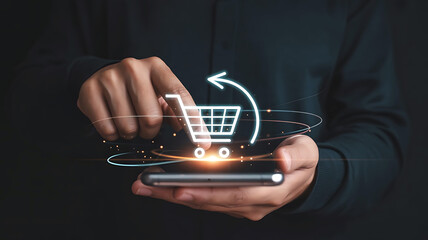 Person holding a smartphone with a glowing shopping cart icon and circular arrow symbolizing online shopping and e commerce