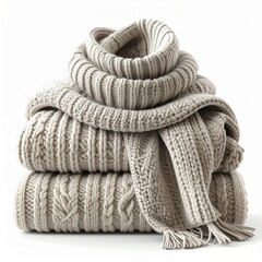 Stack of cozy knitted sweaters with a scarf, symbolizing warmth, comfort, and autumn fashion. Perfect for fall, winter, and seasonal lifestyle themes.