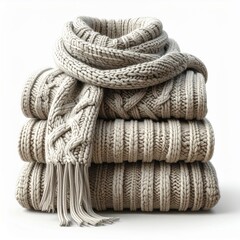 Stack of cozy knitted sweaters with a scarf, symbolizing warmth, comfort, and autumn fashion. Perfect for fall, winter, and seasonal lifestyle themes.