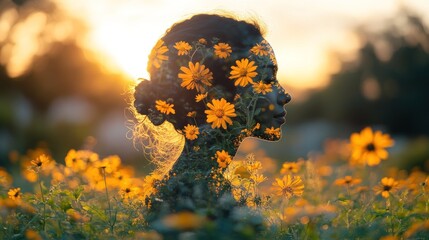 Woman profile, flowers, sunset