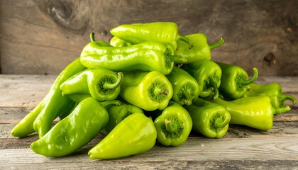 Pile of fresh green peppers on a rustic wooden surface