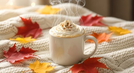 Hot autumn coffee with whipped cream and maple leaves on knitted blanket