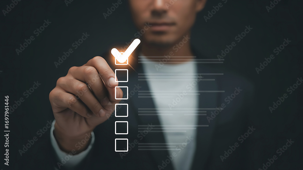 Poster man in suit checking off a list with a glowing checkmark on a dark background representing decision 