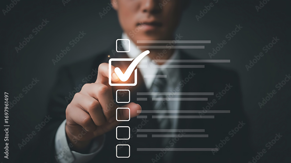 Poster businessman s finger touching a glowing checkmark on a digital checklist interface symbolizing compl