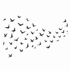 Flock of birds flying in the sky, minimalist silhouette design, peaceful nature scene