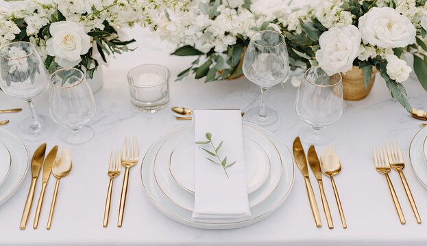 Elegant white and gold wedding reception table setting