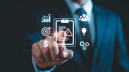 Businessman interacting with a digital interface displaying a document with a warning symbol and business icons
