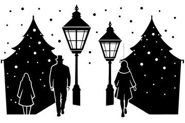 Snow-covered street with glowing lanterns hanging, people walking in warm clothes, festive winter celebration vector illustration