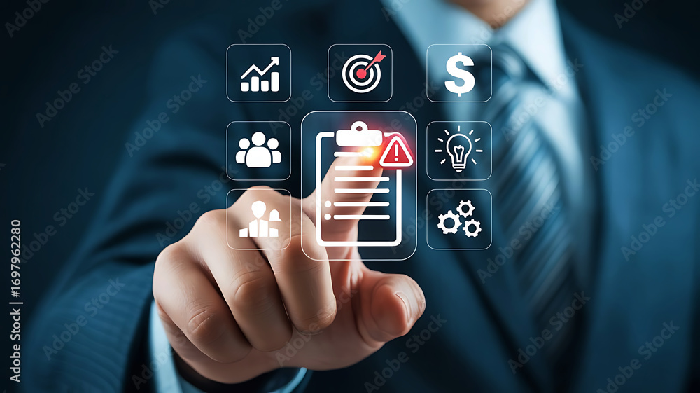 Poster businessman touching digital screen displaying risk management icons and a document with a warning s