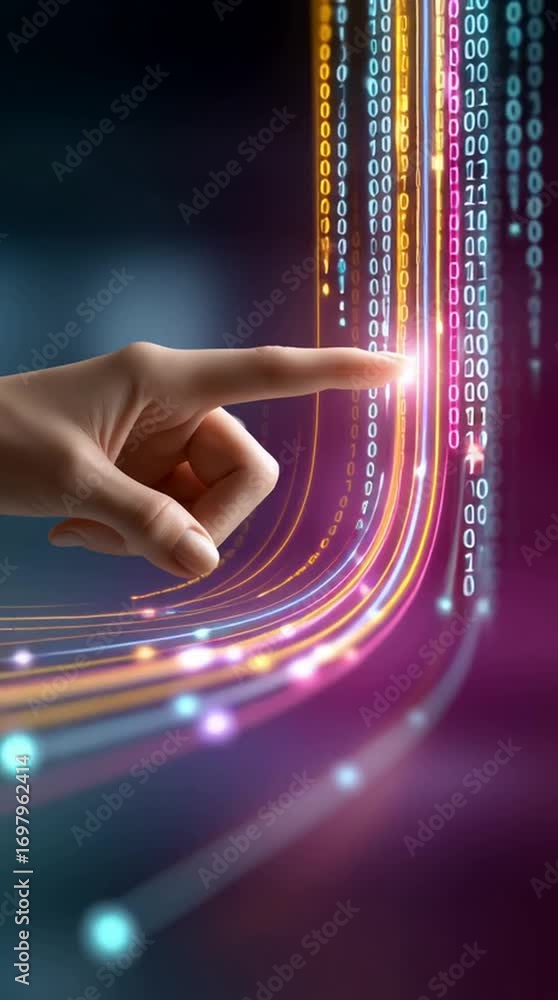 Poster digital interaction: a single, outstretched finger poised to touch a cascade of glowing digital data