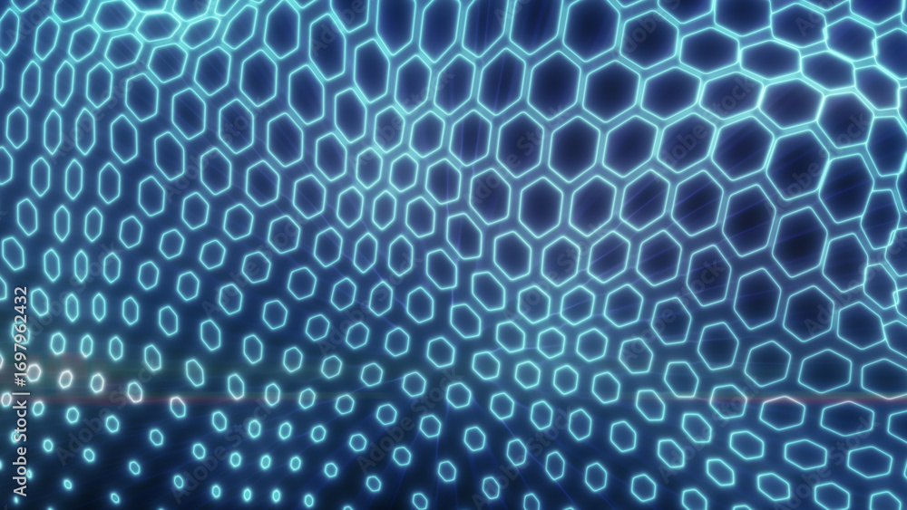 Poster teal-toned glowing hexagonal mesh curving into a futuristic wave pattern, symbolizing modern energy 