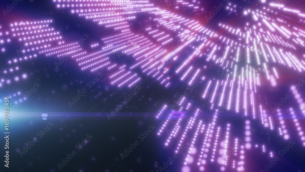 Poster abstract digital map with glowing purple dots and neon rays, symbolizing global technology and data 