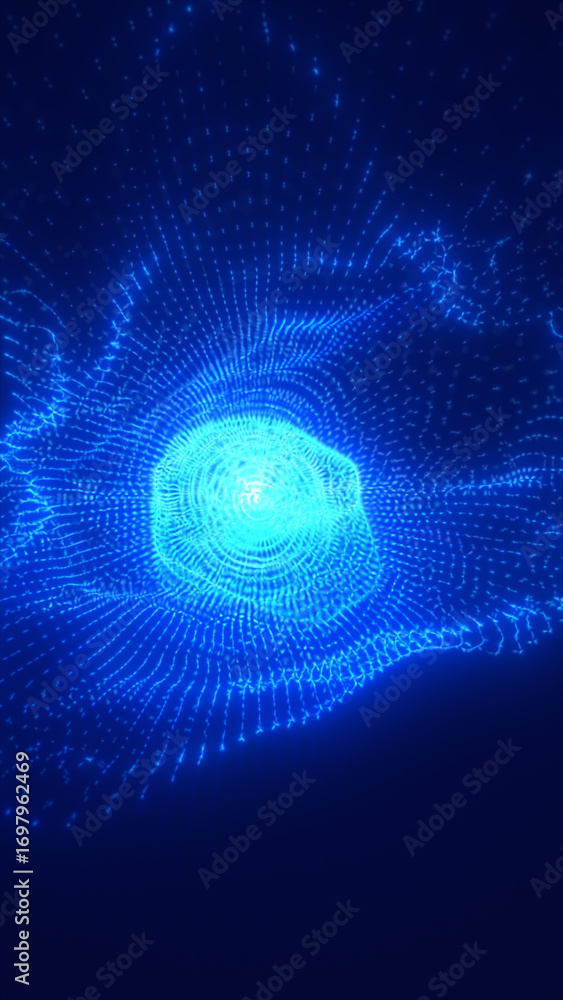 Aufkleber abstract blue digital particle grid forming a luminous wave with a glowing central core