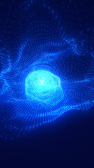 Obraz premium Abstract blue digital particle grid forming a luminous wave with a glowing central core