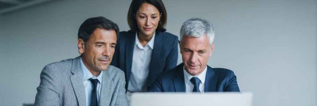 A trio of corporate strategists, European descent, honing futuristic synergies for Global Entrepreneurship Week in a sleek digital realm - Powered by Adobe