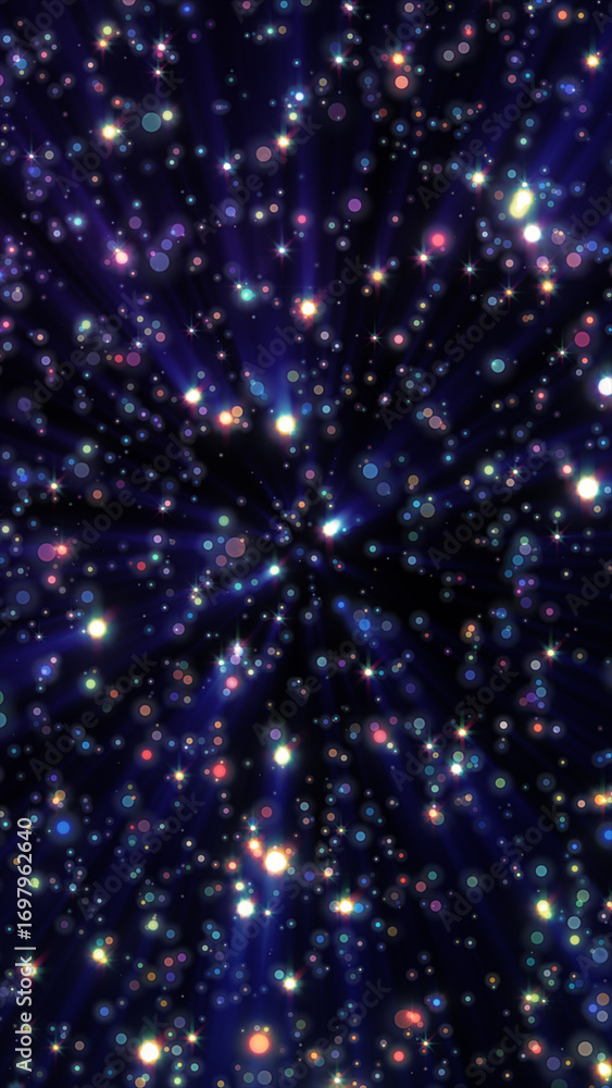Poster radiant burst of multicolored particles creating a tunnel effect in deep space, resembling a portal 