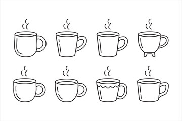 Vector collection of steaming coffee cups and mugs outline illustrations