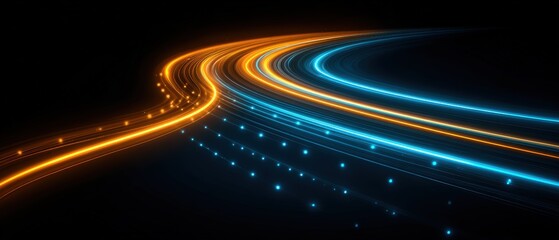 Futuristic glowing light trails on curved road at night with vibrant neon blue and orange streaks moving through modern landscape