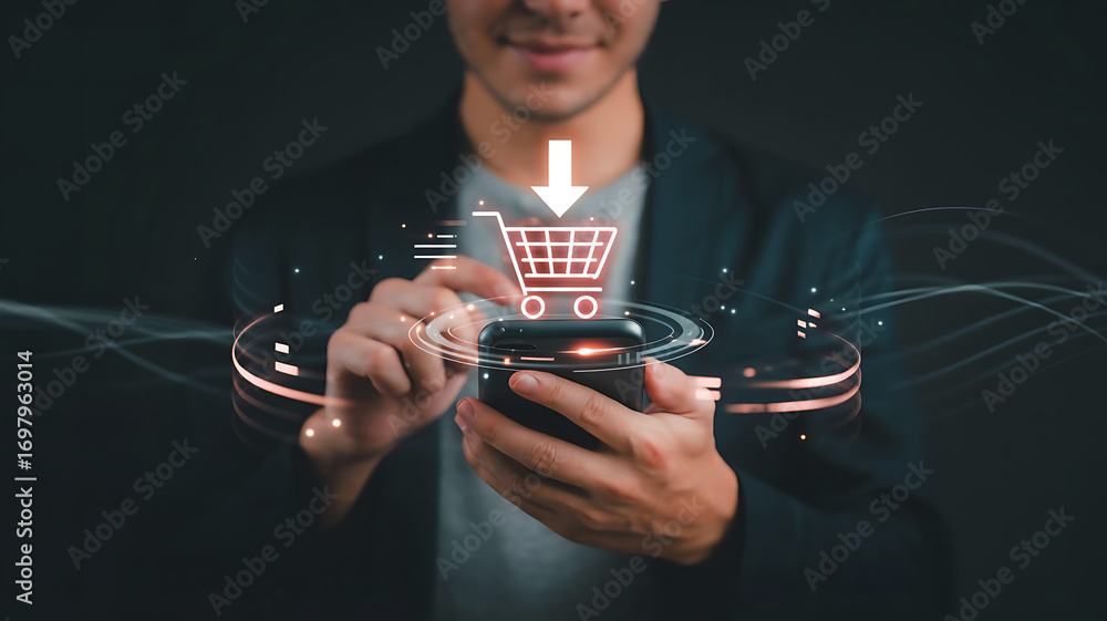 Poster man using smartphone to add items to online shopping cart with glowing digital interface elements