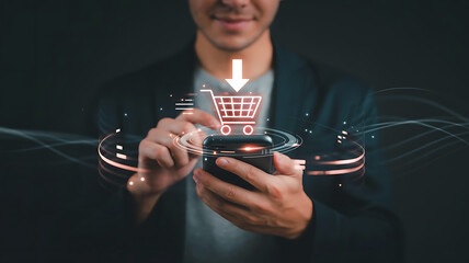 Man using smartphone to add items to online shopping cart with glowing digital interface elements
