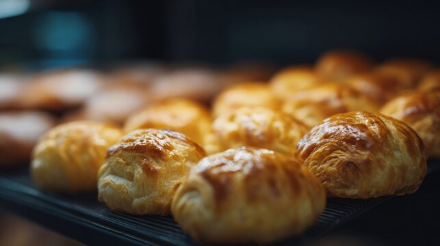 Golden croissants bask under warm morning glow, evoking Ceres festival, buttery symphony of Flaky Pastry Day indulgence
