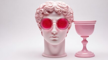 Artistic pink sculpture of classical bust with round sunglasses next to a matching pedestal on plain background