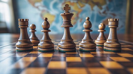 Wooden chess pieces lined up on a checkered board, world map blurred background