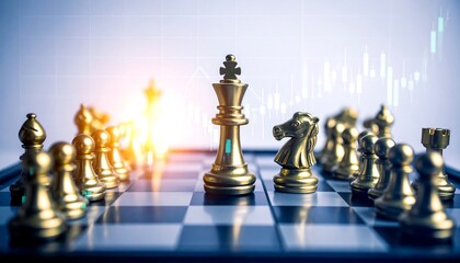 Golden chess pieces on a board, strategically positioned, with market data overlay, illustrate the concept of leadership and competition.