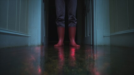 Eerie silhouette of rain booted figure in dim hallway, embracing the unsettling charm of Walpurgis Night mystery