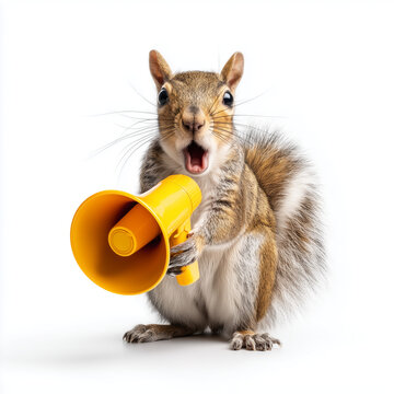 A playful squirrel holding a megaphone on a bright white background, radiating energy and fun.