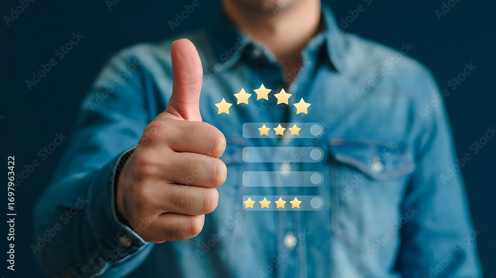 Poster man gives a thumbs up with five golden stars and a positive rating overlay signifying excellent cust