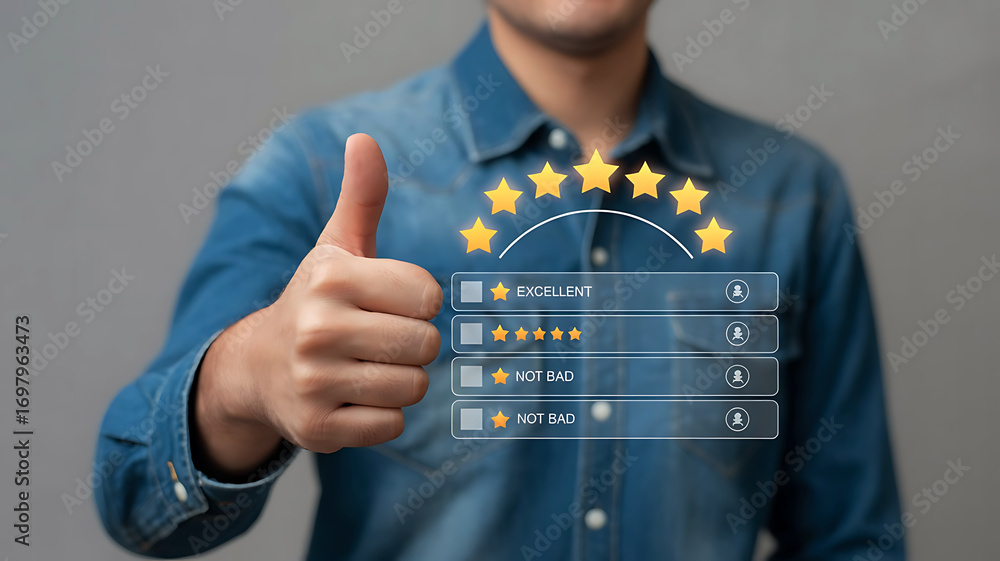 Poster man giving a thumbs up with a five star rating and customer feedback survey overlayed on a grey back