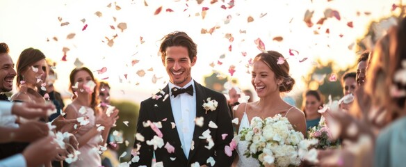 The bride and groom walking through confetti as guests celebrate outdoors at sunset