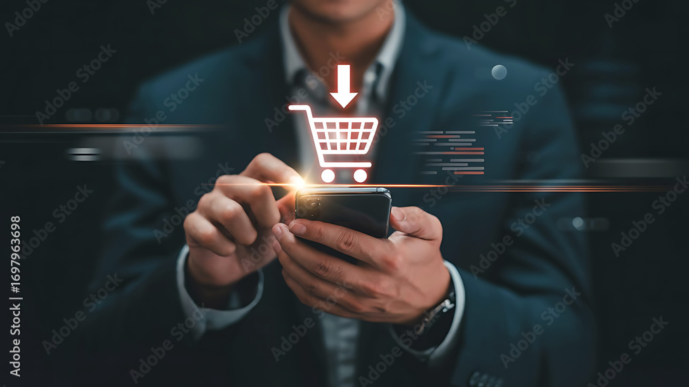 Aufkleber man in suit using smartphone with glowing shopping cart icon and download arrow representing online 