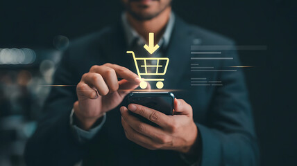 Man using smartphone to add item to online shopping cart with digital interface and glowing icons