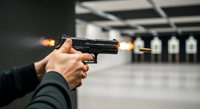 Person Shooting Pistol at Gun Range.