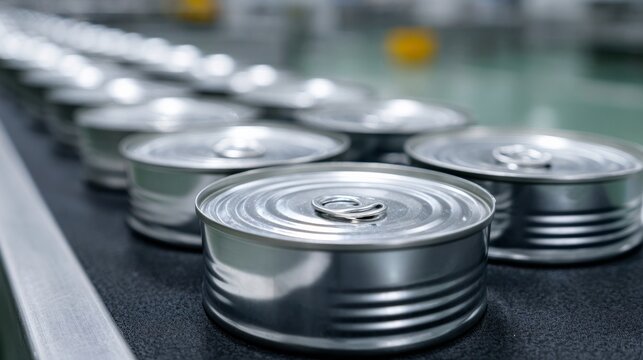 Assembly line of gleaming, enigmatic tins conjuring industrial symphony and Solstice pantry traditions, whispering untold preservation tales